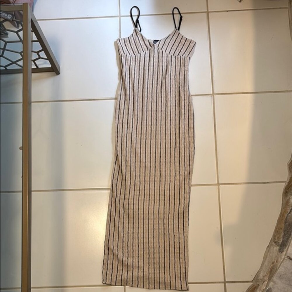 Rosie Harlow Maxi Dress Spaghetti Straps Tan Black Ribbed Sleeveless Beachy Boho